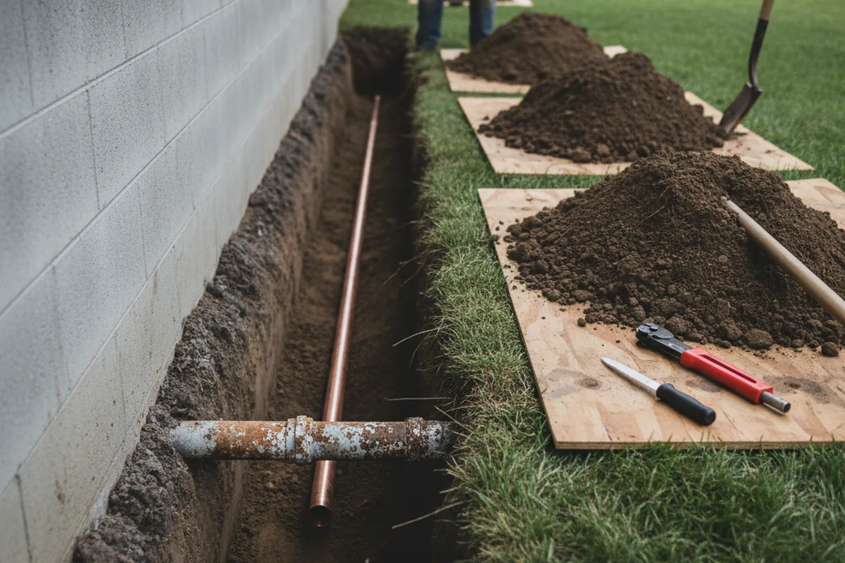 Excavated water line trench during Sewer Line Repair in Land O'Lakes